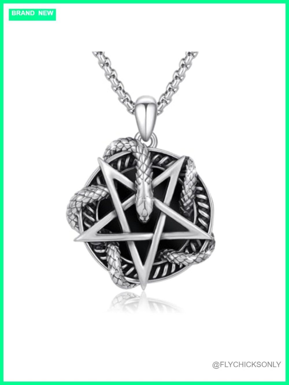 925 Sterling Silver Snake Pendant Necklace Gothic Pentagram Black Onyx